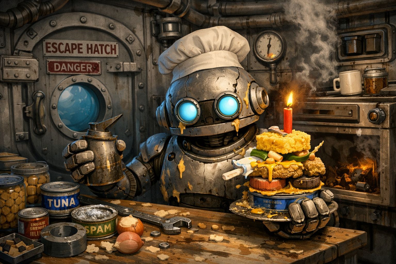A weathered robot in a chef's hat stands in a submarine kitchen in front of a sealed door labelled ESCAPE HATCH / DANGER, holding a battered teapot beside a precarious cake stacked from cans of tuna and spam.